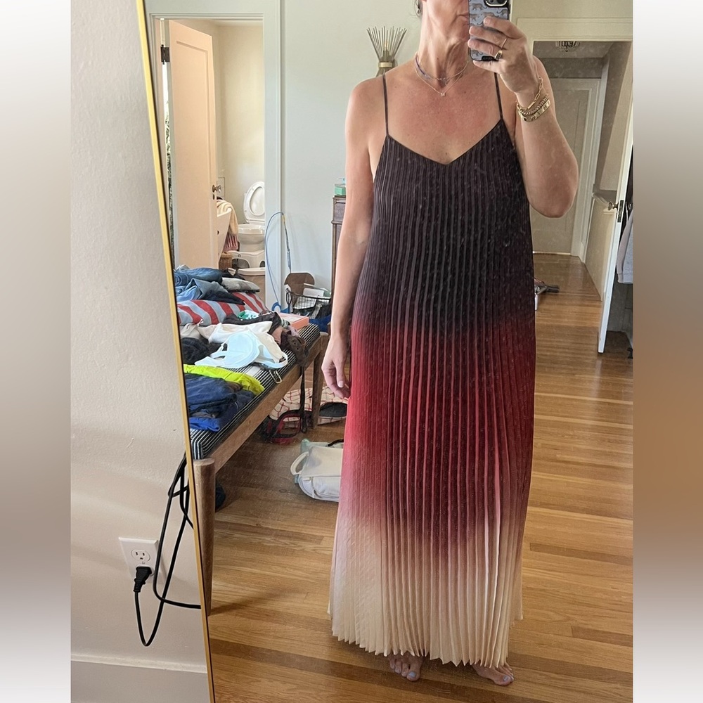 🪅Banana Republic Brown/Orange Ombré Pleated Midi Dress Spaghetti Straps L Tall - Picture 12 of 13